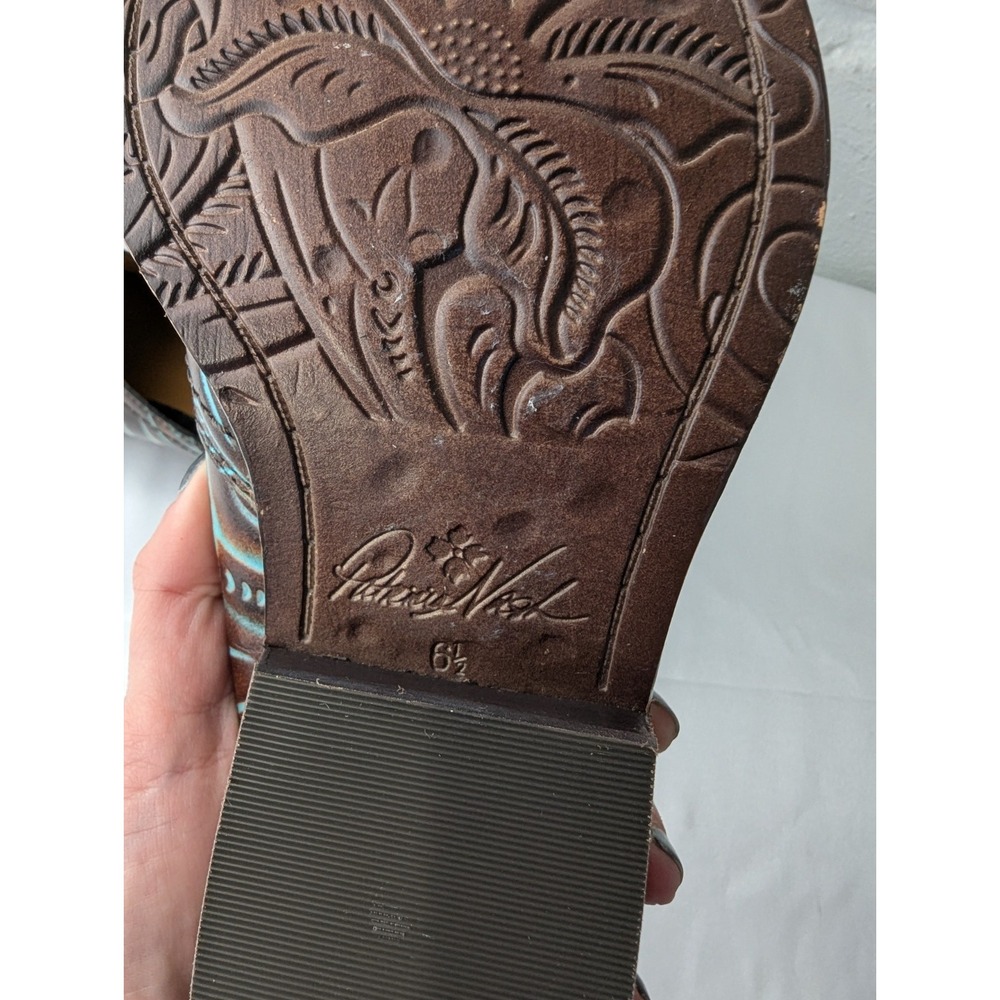 Patricia Nash Battista Mules Shoes US 6.5 Floral Turquoise Brown Leather Cowgirl - Picture 7 of 9